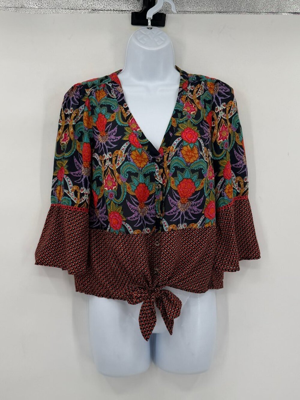 Maeve Anthropologie Boho Floral Tie Front Bell Sleeve Blouse Top 0 XS
